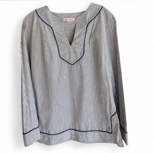 KAYCE HUGHES Navy White Seersucker Split Neck Tunic Top Coastal Nautical | Sz 4